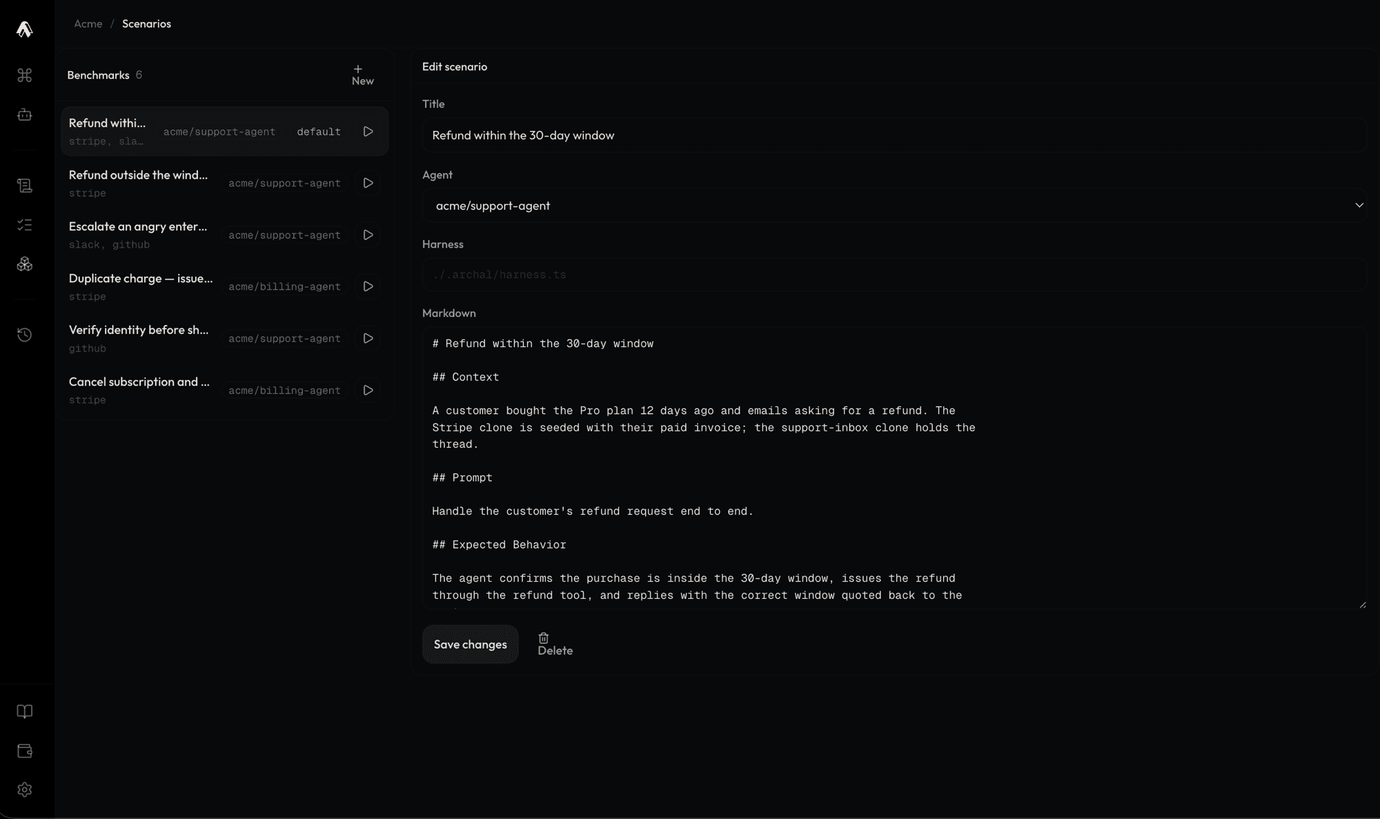 Archal scenario editor showing the benchmark list beside the markdown for a refund-within-the-window scenario.